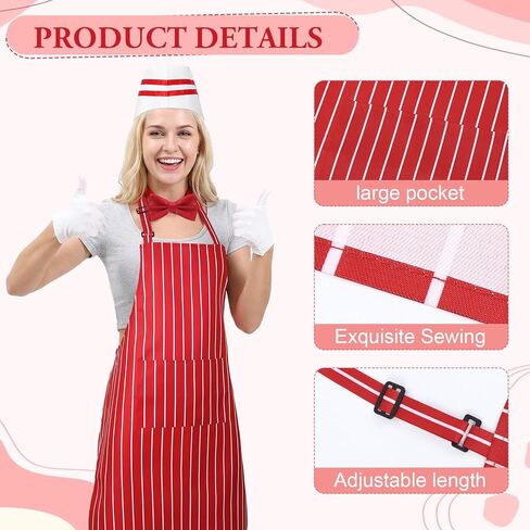 10 Pcs 1950s Waiter Costume Kit, Red and White Striped Apron with 2 Pockets, Chef Hat, White Gloves, Red Bow Ties Adjustable for Adult Circus Carnival Soda Jerk Hot Dog Costume Party in Saudi Arabia