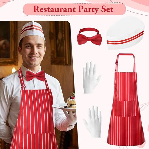 10 Pcs 1950s Waiter Costume Kit, Red and White Striped Apron with 2 Pockets, Chef Hat, White Gloves, Red Bow Ties Adjustable for Adult Circus Carnival Soda Jerk Hot Dog Costume Party in Saudi Arabia