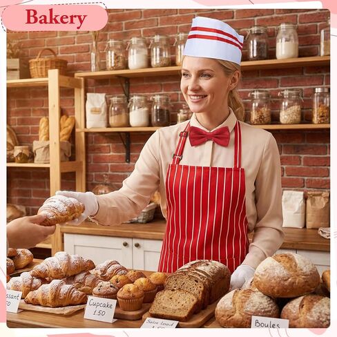 10 Pcs 1950s Waiter Costume Kit, Red and White Striped Apron with 2 Pockets, Chef Hat, White Gloves, Red Bow Ties Adjustable for Adult Circus Carnival Soda Jerk Hot Dog Costume Party in Saudi Arabia