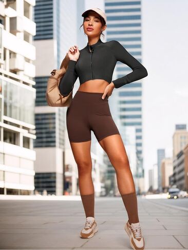 Women Long Sleeve Workout Top Seamless Athletic Shirt Slim Fit Yoga Crop Top High Stretch Gym Running Pullover(Brown S) in Saudi Arabia