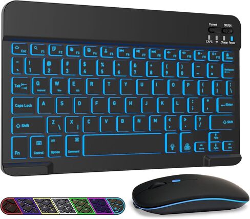 7 Colors Backlit Bluetooth Keyboard and Mouse Combo for iPad Pro/Air/Mini, Ultra-Slim Rechargeable Wireless Keyboard and Mouse for iPhone 15/14/13 Pro/Samsung/Tablet/Laptop/iOS/Windows/Android, W+G in Saudi Arabia