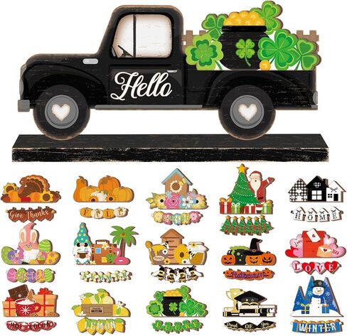 34 Pcs Interchangeable Truck Sign Seasonal Holiday Tiered Tray Decor Farmhouse Rustic DIY Welcome Wood Home Table Centerpiece Ornament for Fall Halloween Thanksgiving Birthday Gift in Saudi Arabia