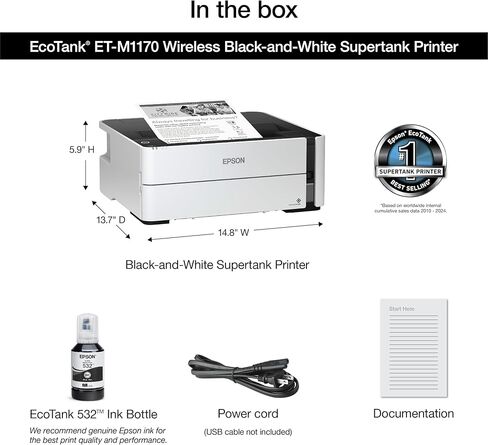 طابعة Epson EcoTank ET-M2170 اللاسلكية أحادية اللون Supertank الكل في واحد مع شبكة إيثرنت بالإضافة إلى عامين من الحبر غير المحدود*، أبيض in Kuwait