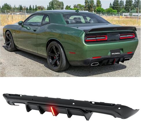 WildWell Rear Bumper Diffuser with LED Light for 2015-2024 Dodge Challenger SRT,Hellcat,Redeye,SXT,GT,RT,Scat Pack,392 and TA, Rear Diffuser Lip Spoiler Splitter Aggressive Style Matte Black in Kuwait