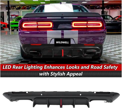 WildWell Rear Bumper Diffuser with LED Light for 2015-2024 Dodge Challenger SRT,Hellcat,Redeye,SXT,GT,RT,Scat Pack,392 and TA, Rear Diffuser Lip Spoiler Splitter Aggressive Style Matte Black in Kuwait