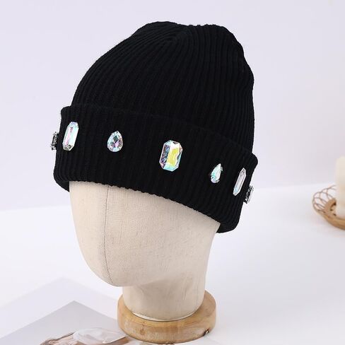 Women's Glitter Rhinestone Beanie Winter Warm Cuffed Ribbed Knit Hat Daily Accessories Gift in Saudi Arabia