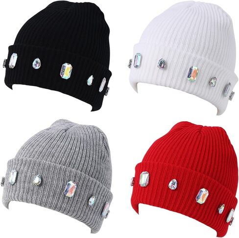 Women's Glitter Rhinestone Beanie Winter Warm Cuffed Ribbed Knit Hat Daily Accessories Gift in Saudi Arabia