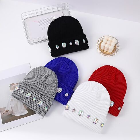 Women's Glitter Rhinestone Beanie Winter Warm Cuffed Ribbed Knit Hat Daily Accessories Gift in Saudi Arabia