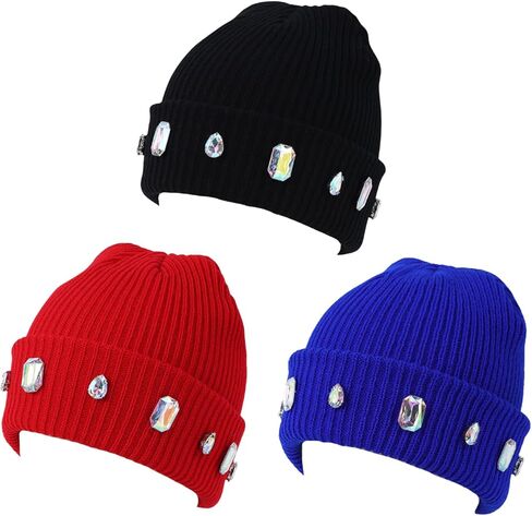 Women's Glitter Rhinestone Beanie Winter Warm Cuffed Ribbed Knit Hat Daily Accessories Gift in Saudi Arabia