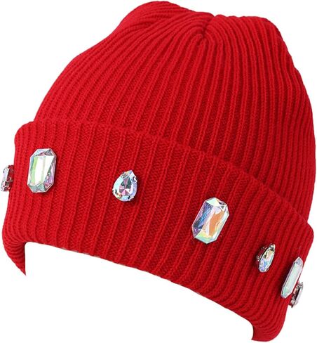 Women's Glitter Rhinestone Beanie Winter Warm Cuffed Ribbed Knit Hat Daily Accessories Gift in Saudi Arabia