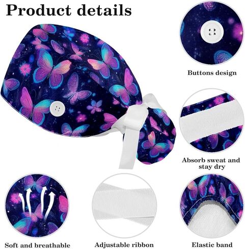 Scrub Caps Women, Surgical Caps with Buttons, Ponytail Nurse Hat, Bouffant Scrub Hats with Hair Scrunchy Adjustable, Butterfly Cartoon Purple and Pink Floral Vintage Cute Retro Flower in Kuwait