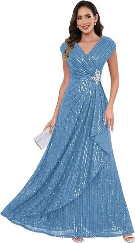 Women's Sparkly Sequin Mother of The Bride Dresses A line Empire Waist Wedding Guest Dress with Beads in Saudi Arabia
