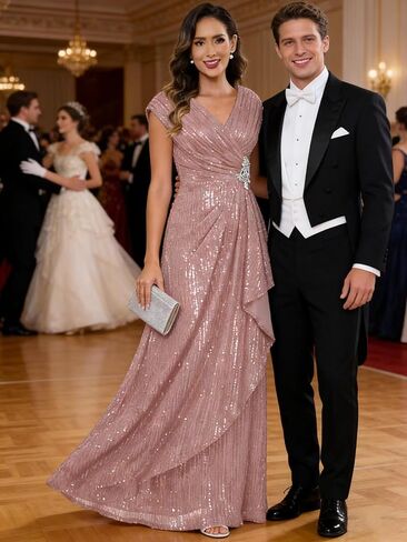 Women's Sparkly Sequin Mother of The Bride Dresses A line Empire Waist Wedding Guest Dress with Beads in Saudi Arabia