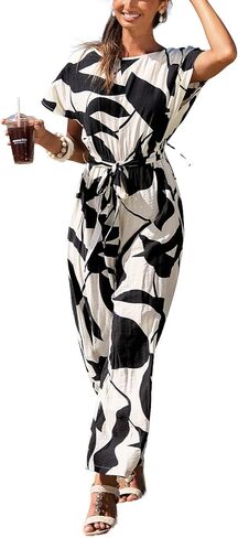 CUPSHE Women's Jumpsuits, Crew Neck Short Sleeves Tropical Leaves Print One Piece Casual Outfit for Beach Vacation in Saudi Arabia