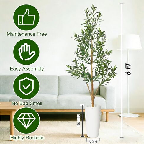 شجرة زيتون صناعية من تيمو بطول 6 أقدام، أشجار صناعية داخلية مع صندوق خشبي طبيعي وزراعة بيضاء، نباتات وهمية طويلة لغرفة المعيشة وغرفة النوم والمكتب in Kuwait