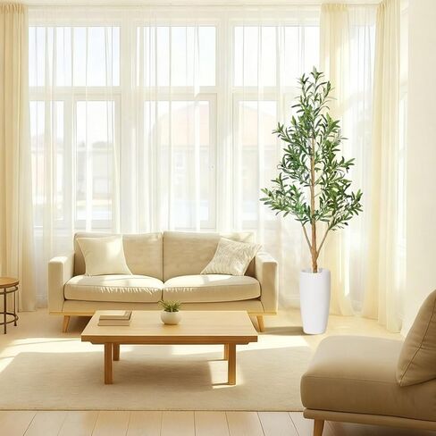 شجرة زيتون صناعية من تيمو بطول 6 أقدام، أشجار صناعية داخلية مع صندوق خشبي طبيعي وزراعة بيضاء، نباتات وهمية طويلة لغرفة المعيشة وغرفة النوم والمكتب in Kuwait