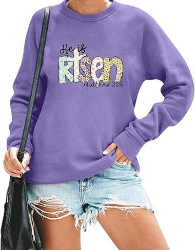 Easter Sweatshirt for Women He is Risen Long Sleeve Shirt Casual Faith Bible Verse Easter Gift Pullover Tops in Saudi Arabia