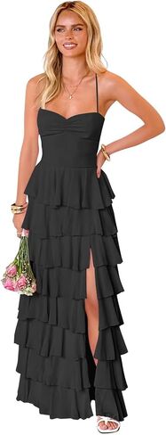 Tiered Ruffle Bridesmaid Dresses for Women Chiffon Spaghetti Straps Prom Formal Evening Dress with Slit in Kuwait
