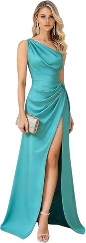 One Shoulder Satin Prom Dresses Long Pleated A-Line Prom Gowns with High Side Slit in Saudi Arabia