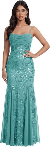 Lace Sequins Mermaid Prom Dress Ball Gown 2026 Long Spaghetti Cowl Neck Chiffon Pleated Formal Dress L04011 in Saudi Arabia