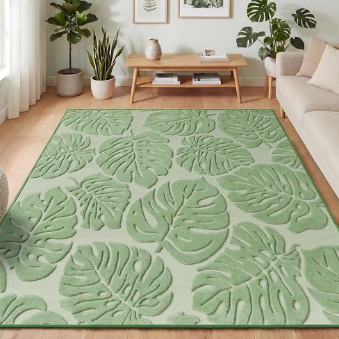 سجادة منطقة Monstera الخضراء مقاس 5x7، سجاد عالي ومنخفض قابل للغسل لغرفة المعيشة وغرفة النوم، سجادة حضانة مخملية استوائية غير قابلة للانزلاق سجاد داخلي ناعم لغرفة الطعام in Kuwait