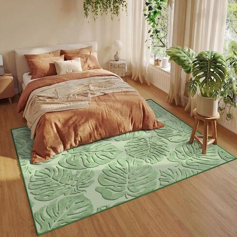 Green Monstera Area Rug 5x7, High-Low Pile Washable Rugs for Living Room Bedroom, Tropical Non Slip Velvet Nursery Carpet Soft Indoor Rugs for Dining Room in Saudi Arabia
