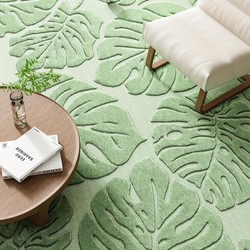 Green Monstera Area Rug 5x7, High-Low Pile Washable Rugs for Living Room Bedroom, Tropical Non Slip Velvet Nursery Carpet Soft Indoor Rugs for Dining Room in Saudi Arabia