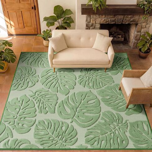 Green Monstera Area Rug 5x7, High-Low Pile Washable Rugs for Living Room Bedroom, Tropical Non Slip Velvet Nursery Carpet Soft Indoor Rugs for Dining Room in Saudi Arabia