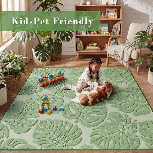 Green Monstera Area Rug 5x7, High-Low Pile Washable Rugs for Living Room Bedroom, Tropical Non Slip Velvet Nursery Carpet Soft Indoor Rugs for Dining Room in Saudi Arabia