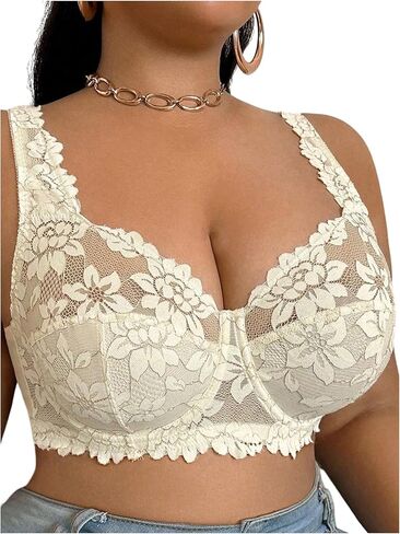 OYOANGLE Women's Floral Embroidered Lace Mesh Underwire Bra Push Up Unlined Comfortable Everyday Bras in Saudi Arabia