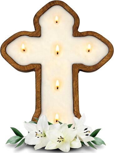 شمعة متقاطعة من شركة Dough Bowl Candle - شموع صلاة روحية مقاس 14 × 10 × 1.5 للصوم الكبير أو المذبح أو التأمل، ديكور ديني مسيحي للمنزل، هدية كاثوليكية من شمع الصويا بنسبة 100%، هدايا دينية ربيعية من الزهور in Kuwait