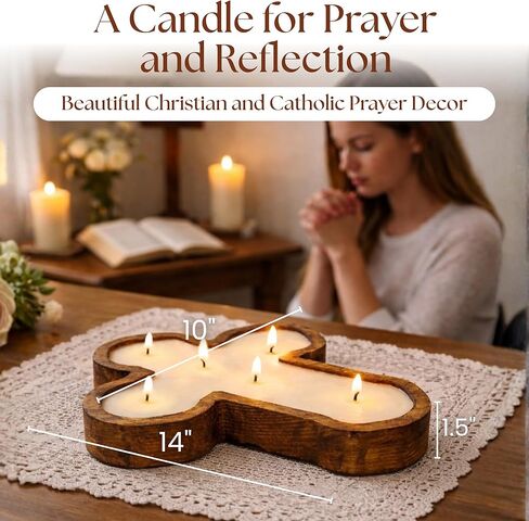 شمعة متقاطعة من شركة Dough Bowl Candle - شموع صلاة روحية مقاس 14 × 10 × 1.5 للصوم الكبير أو المذبح أو التأمل، ديكور ديني مسيحي للمنزل، هدية كاثوليكية من شمع الصويا بنسبة 100%، هدايا دينية ربيعية من الزهور in Kuwait