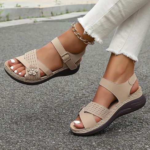 Summer Sandals for Women 2025 Dressy Comfortable Walking with Arch Support Wedge Soft Beach Flat Dressy Flats Open Toe Ankle Strap Shoes Orthotic Orthopedic Shoes Sandal Wedges - Casual Platform in Saudi Arabia