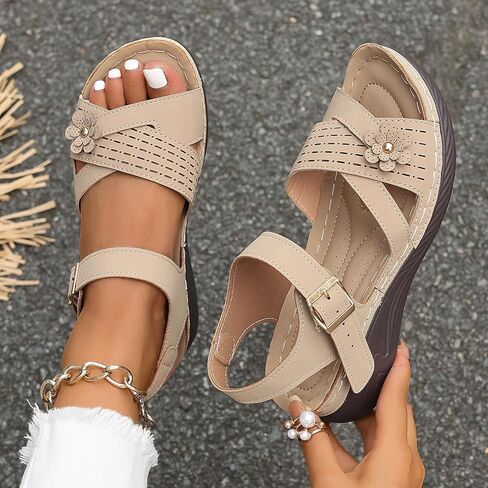 Summer Sandals for Women 2025 Dressy Comfortable Walking with Arch Support Wedge Soft Beach Flat Dressy Flats Open Toe Ankle Strap Shoes Orthotic Orthopedic Shoes Sandal Wedges - Casual Platform in Saudi Arabia