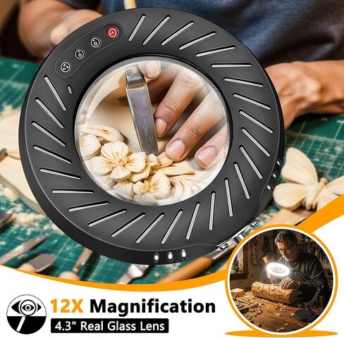 عدسة مكبرة 12X مع ضوء وحامل، 9 سطوع خافت، 5 أوضاع ألوان، مصباح مكبر معدني بدون استخدام اليدين مع مشبك للقراءة الحرفية والرسم والخياطة والهوايات القريبة in Kuwait