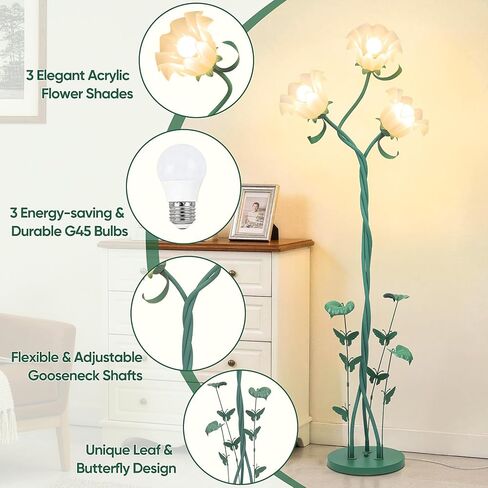 TOBUSA Flower Floor Lamp for Living Room Bedroom, 3-Light Cute Vintage Standing Lamp with Flexible Gooseneck, 67’’ Tall Green Floral Stand Up Lamp, Modern Unique Flower Corner Lamp for Reading Nursery in Kuwait