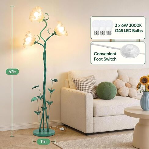 TOBUSA Flower Floor Lamp for Living Room Bedroom, 3-Light Cute Vintage Standing Lamp with Flexible Gooseneck, 67’’ Tall Green Floral Stand Up Lamp, Modern Unique Flower Corner Lamp for Reading Nursery in Kuwait