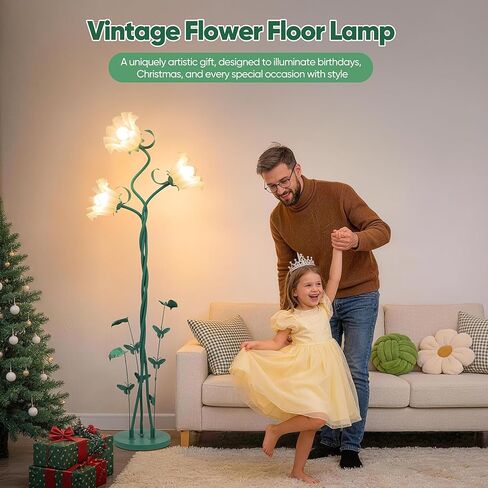 TOBUSA Flower Floor Lamp for Living Room Bedroom, 3-Light Cute Vintage Standing Lamp with Flexible Gooseneck, 67’’ Tall Green Floral Stand Up Lamp, Modern Unique Flower Corner Lamp for Reading Nursery in Kuwait