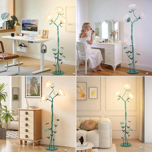 TOBUSA Flower Floor Lamp for Living Room Bedroom, 3-Light Cute Vintage Standing Lamp with Flexible Gooseneck, 67’’ Tall Green Floral Stand Up Lamp, Modern Unique Flower Corner Lamp for Reading Nursery in Kuwait