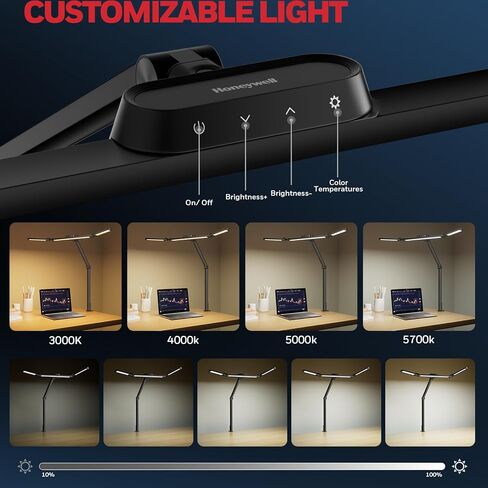 Honeywell LED Desk Lamp with Clamp - HJ3B Sunturalux Eye-Caring Desk Light for Home Office, 22W Ultra Bright 3-Section Adjustable Task Lamp with Stepless Dimming for Dual Monitor Lighting in Saudi Arabia