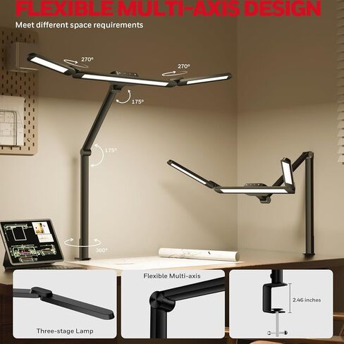 Honeywell LED Desk Lamp with Clamp - HJ3B Sunturalux Eye-Caring Desk Light for Home Office, 22W Ultra Bright 3-Section Adjustable Task Lamp with Stepless Dimming for Dual Monitor Lighting in Saudi Arabia