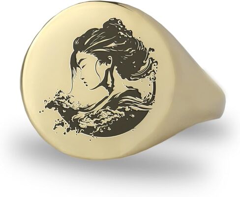 Engraved Japanese Woman Ring - Gold Wave Signet Jewelry - Bold Unisex Statement Piece - Unique Ring for All in Saudi Arabia