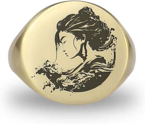 Engraved Japanese Woman Ring - Gold Wave Signet Jewelry - Bold Unisex Statement Piece - Unique Ring for All in Saudi Arabia
