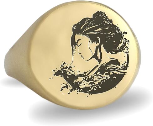 Engraved Japanese Woman Ring - Gold Wave Signet Jewelry - Bold Unisex Statement Piece - Unique Ring for All in Saudi Arabia