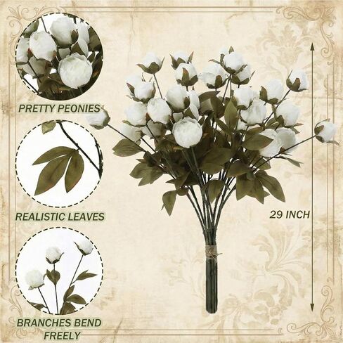 Norme 6 Packs Faux Peony Flowers for Vase 30 inch Vintage White Faux Silk Peony Artificial Flowers Bouquet Stems Fake Peonies Branches Bouquet Bulk for Vase DIY Easter Party Wedding Centerpieces in Saudi Arabia