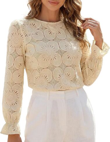 CUPSHE Women Eyelet Long Sleeve Tops Shirts Dressy Hollow Out Crochet Lace Embroidered Blouses in Saudi Arabia