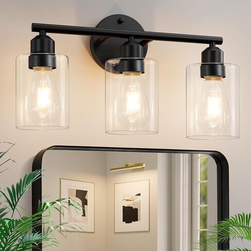 3-Light Bathroom Light Fixtures, 17.3" Black Modern Vanity Light for Bathroom Mirror, Glass Shade, Kitchen, Living Room, Bath, Metal in Saudi Arabia