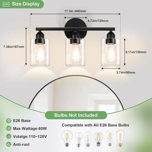 3-Light Bathroom Light Fixtures, 17.3" Black Modern Vanity Light for Bathroom Mirror, Glass Shade, Kitchen, Living Room, Bath, Metal in Saudi Arabia