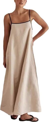 SOMTHRON Women's Summer Linen Maxi Dress Spaghetti Strap Sleeveless Backless Contrast Party Beach Dresses in Saudi Arabia