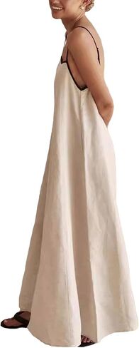 SOMTHRON Women's Summer Linen Maxi Dress Spaghetti Strap Sleeveless Backless Contrast Party Beach Dresses in Saudi Arabia